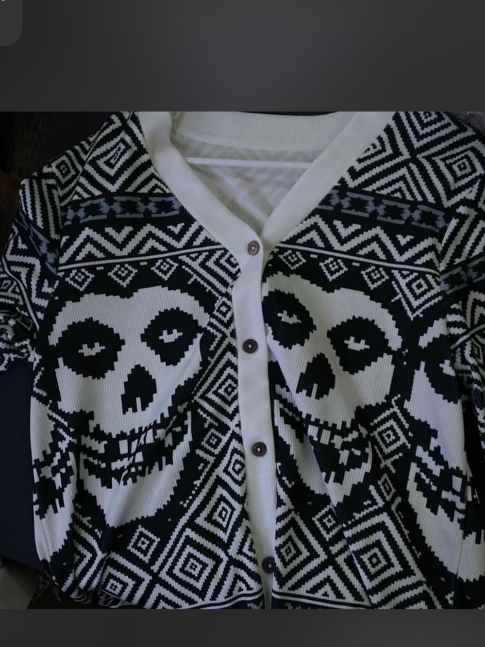 Black & White Skull Pattern Button-Up Cardigan Sweater